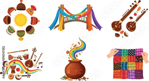 Traditional cultural festival elements with musical instruments and colorful ethnic headwear collection on transparent