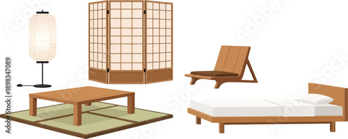 Traditional japanese interior furniture including low wooden table tatami mats paper floor lamp screen and futon bedding