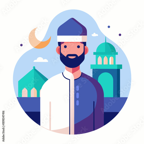 Muslim Man Celebrating Eid in Front of Mosque