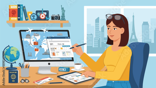 A woman plans a trip, with a globe, passport, and Eiffel tower view