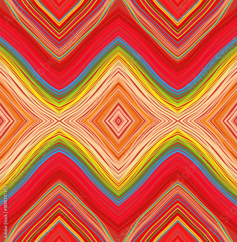 An ornament made of colored floss threads. Ethnic ornament. Geometric tribal background. Seamless pattern. Strips. Colored carpet. Fabric design. Vector illustration.