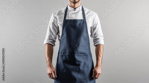 guy in a denim kitchen apron on grey background.