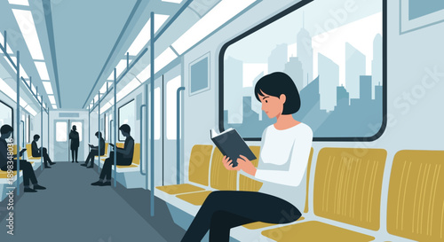 Woman Sitting on Train Reading Tablet.