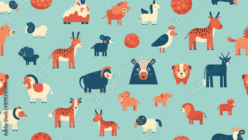 A whimsical pattern of stylized animals on a pastel blue background