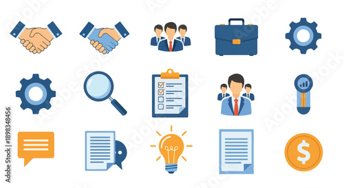 Collection of business and teamwork icons including a gear, idea, and deal