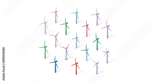 A vibrant cluster of colorful wind turbines representing sustainable energy solutions
