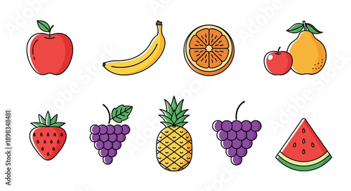 A vibrant assortment of various fruits displayed with bold outlines on a white backdrop