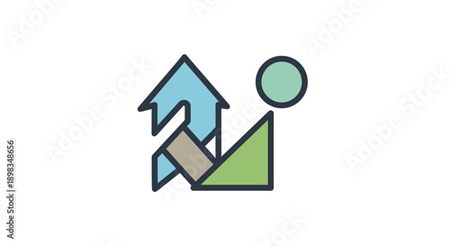 Abstract geometric shapes composition with house and circle representing upward growth and synergy