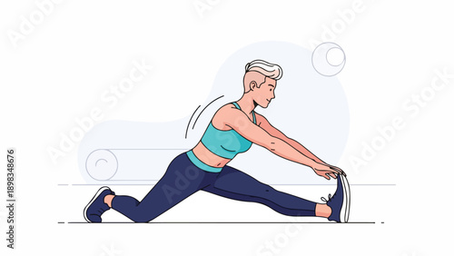 A woman stretching one leg, reaching for her foot, and exercising