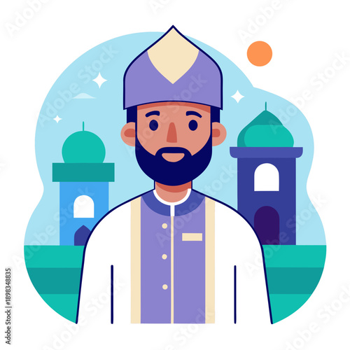 Muslim Man Celebrating Eid with Mosques in Background