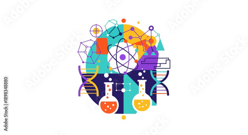 Abstract illustration of science elements, molecules, beakers, and genetic helix design