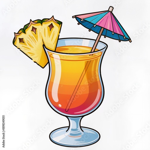 Tropical drink with pineapple slices and umbrella