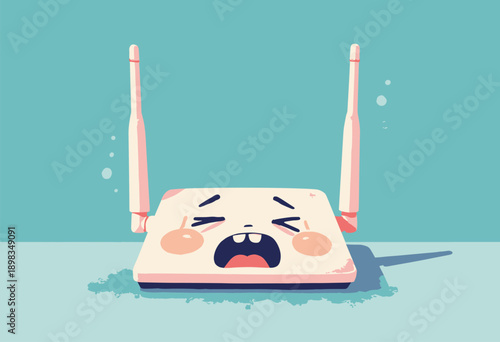 Flat WiFi Router looking exhausted sweating Slow Internet humor Minimalist style
