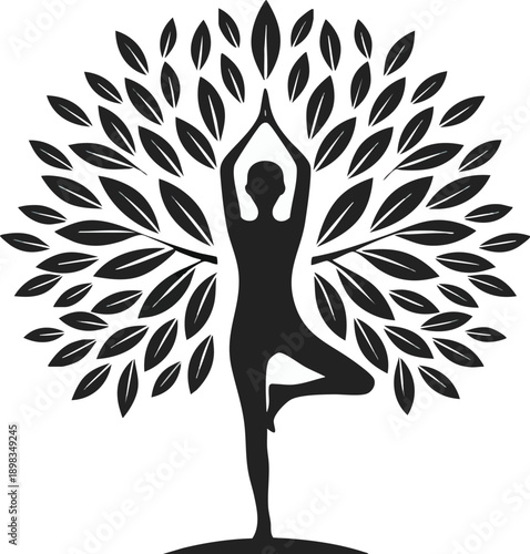 Harmony with Nature: A silhouette of a person practices yoga in the tree pose, harmonizing with the surrounding leaves, expressing peace and mindfulness.