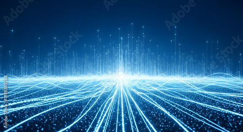 Abstract digital energy explosion with glowing blue light streams and particles radiating from a central point symbolizing data transmission information convergence and technological advancement