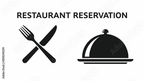 A white background with black icons cutlery, plate, and text