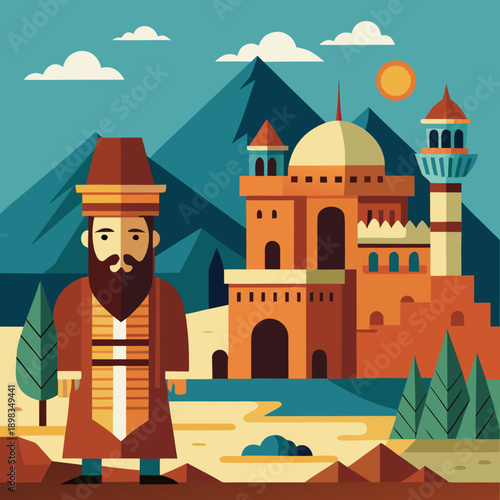 Man and Castle in Historic Afghanistan Landscape