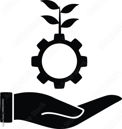 Sustainable Innovation: An illustrative silhouette features a nurturing hand cradling a gear, from which a flourishing plant sprouts, symbolizing growth.