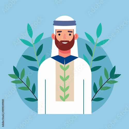 Man in Traditional Eid Clothing with Green Foliage
