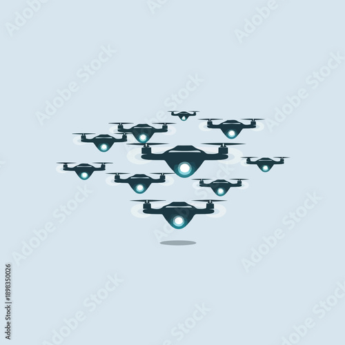 Formation flight of futuristic drones in a synchronized pattern against a plain background