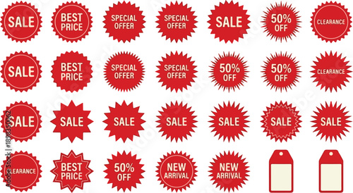 
A diverse set of red circular and star-shaped sale tags featuring promotional text like "Special Offer" and "50% Off.