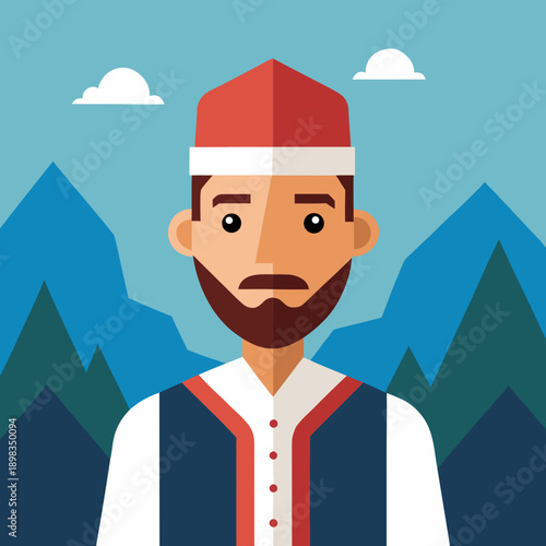 Man in Traditional Eid Clothing Against Mountain Background