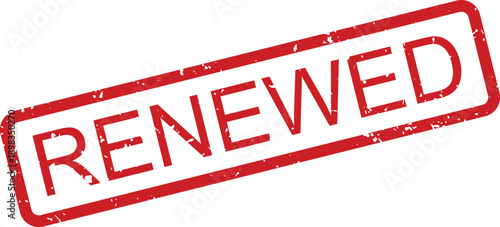 A vibrant red rectangular rubber stamp displaying the word RENEWED with a grunge texture on a clean white plane