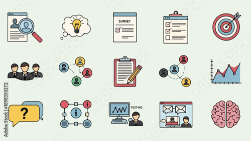 Collection of business or planning icons, simple and colorful