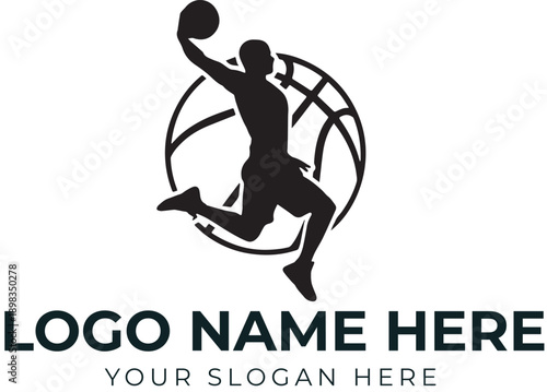 Basketball slam dunk logo vector with player silhouette and ball backdrop for sports team, academy, or athletic branding