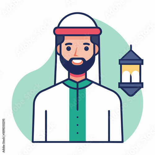 Muslim Man in Traditional Eid 2026 Clothing with Lantern