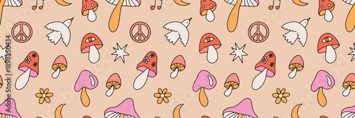 Groovy mushroom pattern with cute hand drawn fungi, whimsical retro shapes, pastel and warm colors, playful doodle style illustration for fabric, wallpaper, packaging, kids design and modern decor