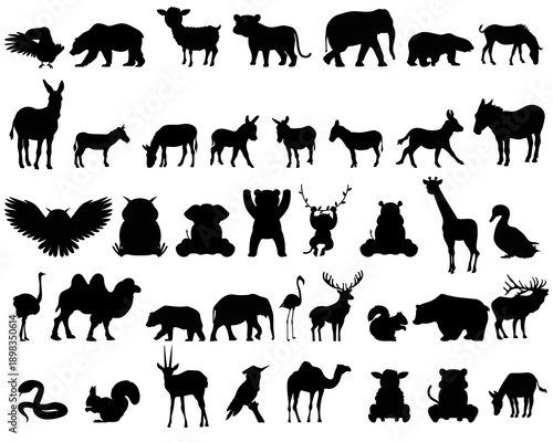 Animal silhouette vector set. Wild zoo, farm and safari creatures collection. Black nature icons. Isolated on white background.