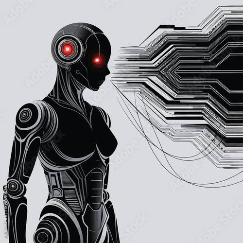 Futuristic android with glowing red eye and digital energy waves emanating from its head