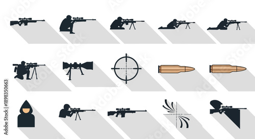 Flat design icons depicting snipers in various shooting positions, sniper rifles, scopes, bullets, and target crosshairs, illustrating military and tactical themes.