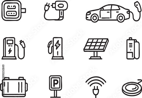 Electric Vehicle Charging Station Linear Icon Set - Eco Transport Infrastructure Icons