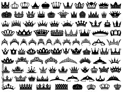 Crown icon set. King and queen royal symbol collection. Tiara and diadem silhouette bundle. Vector illustration isolated on white background.