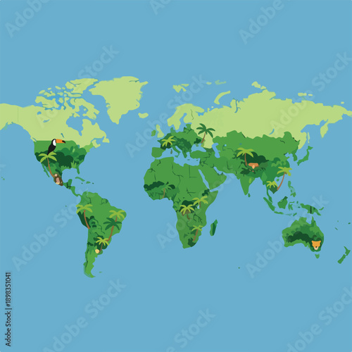 A world map displaying green continents with illustrated animals and trees