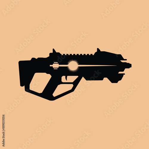 Silhouetted modern assault rifle with tactical features in black and white contrast.