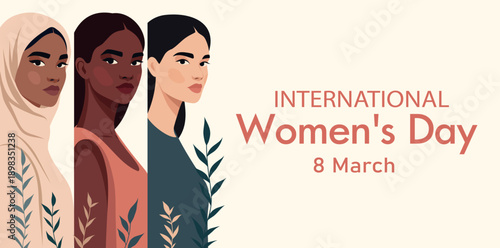 International Women's Day, March 8. Women of different cultures and nationalities surrounded by flowers. Unity, empowerment, equality, diversity, and inclusivity. Vector design with space for text