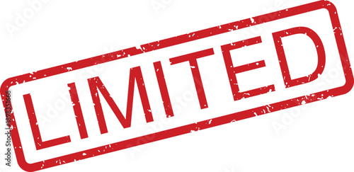 A vibrant red rectangular rubber stamp featuring the prominent word LIMITED with a textured grunge effect on a clean white surface