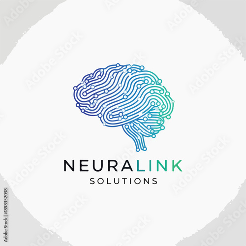 Brain icon with circuits and the word "solutions" beneath the main text