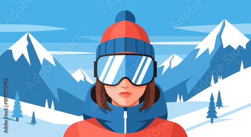 Woman Wearing Ski Goggles and Winter Gear.