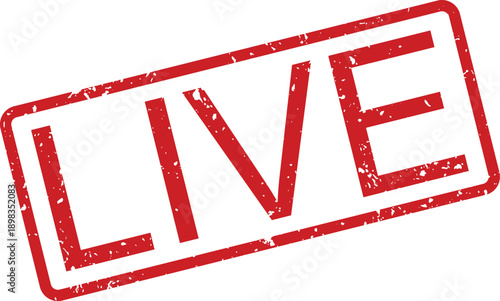 A vibrant red rectangular rubber stamp featuring the prominent word LIVE with a distressed grunge effect on a pure white surface