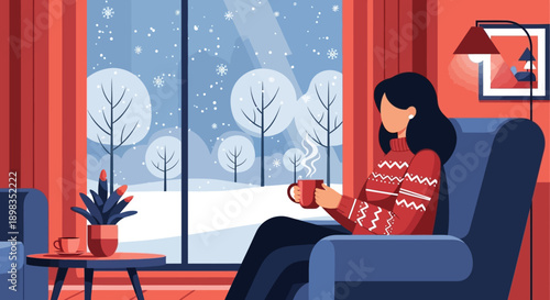 Woman Relaxing with Coffee by Window.