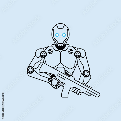 Sci-fi robot character holding futuristic weapon with mechanical limbs and helmet