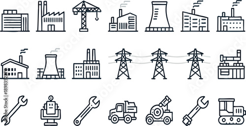 Industrial Power Plant and Construction Line Icons
