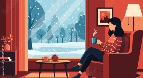 Woman Relaxing with Coffee in Armchair.