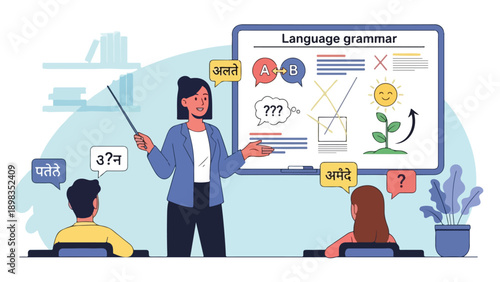 An illustrated scene of language grammar teaching in a classroom