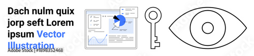 Data protection, analysis, business strategy, security, privacy, monitoring. Graphs, analytics dashboard key and eye icon. Data protection and analysis as core business ideas