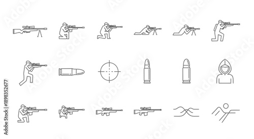 Simple Line Icons of Various Firearms and Ammunition.